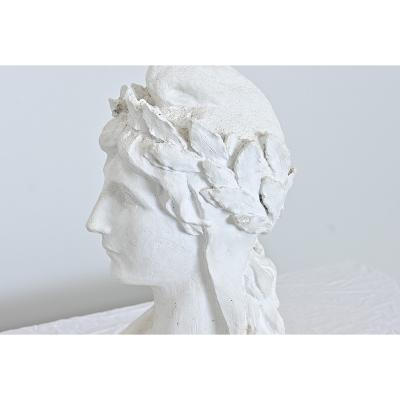 French Vintage Plaster Bust of a Woman in Laurel Leaf Crown