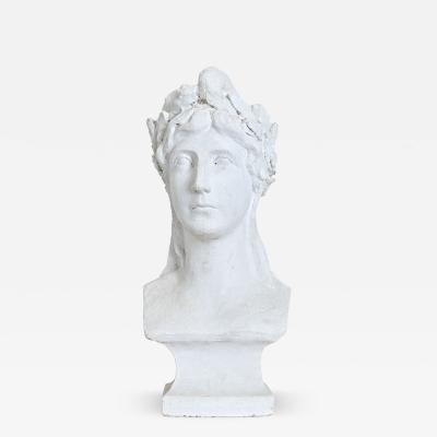 French Vintage Plaster Bust of a Woman in Laurel Leaf Crown