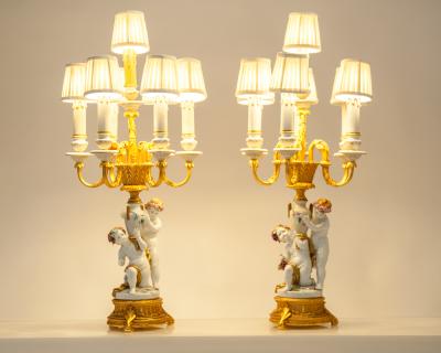 French Vintage Porcelain and Brass Candelabra Lamps