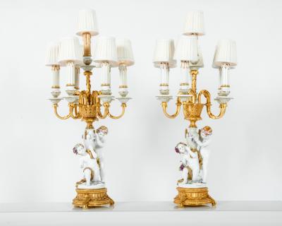 French Vintage Porcelain and Brass Candelabra Lamps