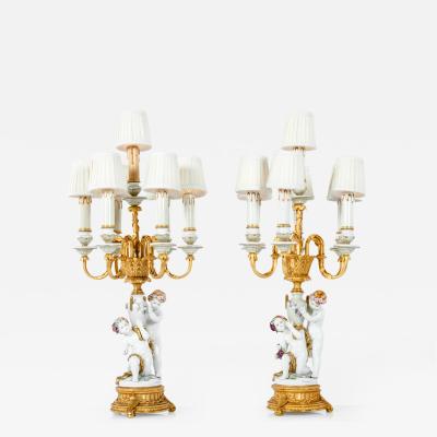 French Vintage Porcelain and Brass Candelabra Lamps