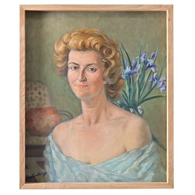 French Vintage Portrait Painting of a Lady with Iris Signed Combrisson
