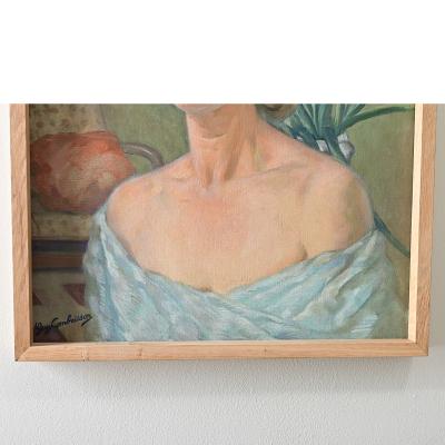French Vintage Portrait Painting of a Lady with Iris Signed Combrisson
