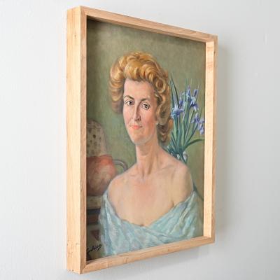 French Vintage Portrait Painting of a Lady with Iris Signed Combrisson
