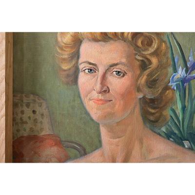 French Vintage Portrait Painting of a Lady with Iris Signed Combrisson