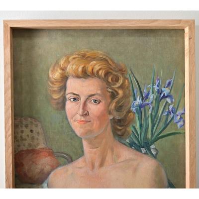 French Vintage Portrait Painting of a Lady with Iris Signed Combrisson