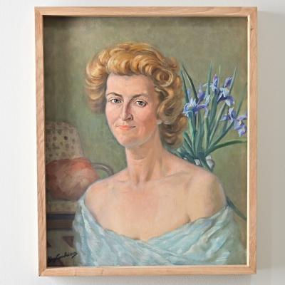 French Vintage Portrait Painting of a Lady with Iris Signed Combrisson