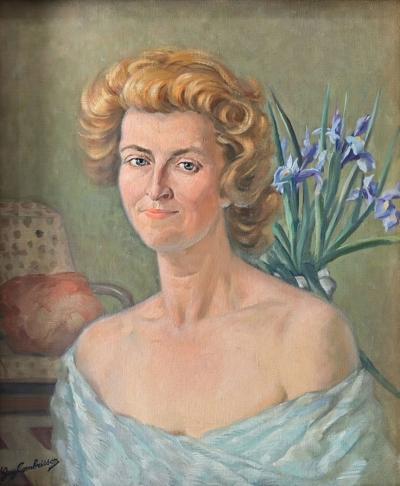 French Vintage Portrait Painting of a Lady with Iris Signed Combrisson