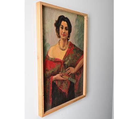 French Vintage Portrait of a Flamenco Dancer Signed Tondreau