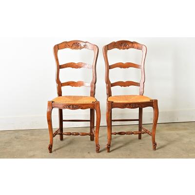 French Vintage Set of 8 Rush Seat Oak Dining Chairs