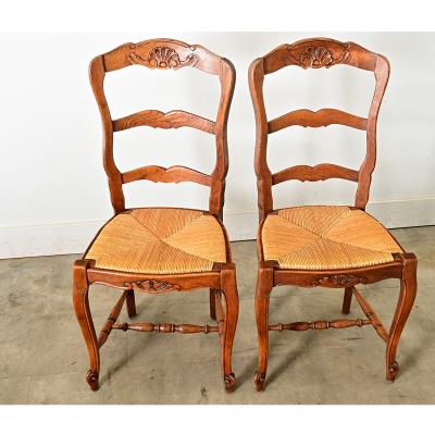 French Vintage Set of 8 Rush Seat Oak Dining Chairs