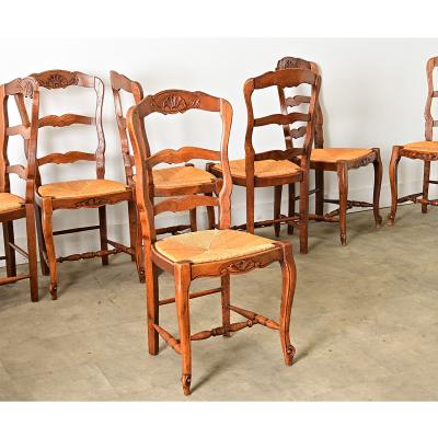 French Vintage Set of 8 Rush Seat Oak Dining Chairs
