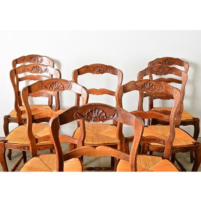 French Vintage Set of 8 Rush Seat Oak Dining Chairs