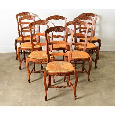 French Vintage Set of 8 Rush Seat Oak Dining Chairs