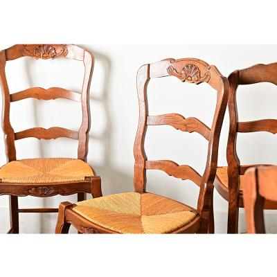 French Vintage Set of 8 Rush Seat Oak Dining Chairs