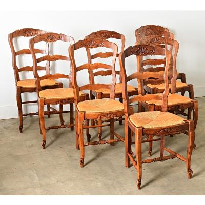 French Vintage Set of 8 Rush Seat Oak Dining Chairs