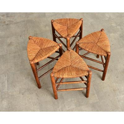 French Vintage Set of Four Oak and Rush Seat Triangular Stools