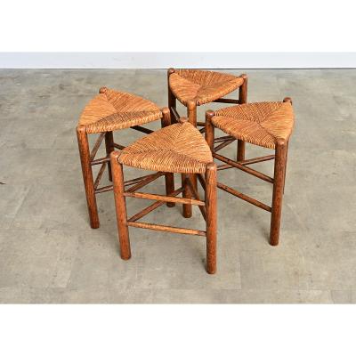 French Vintage Set of Four Oak and Rush Seat Triangular Stools