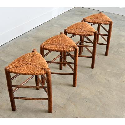 French Vintage Set of Four Oak and Rush Seat Triangular Stools