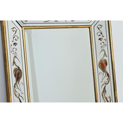 French Vintage Verre glomis Mirror with Phoenix Pattern