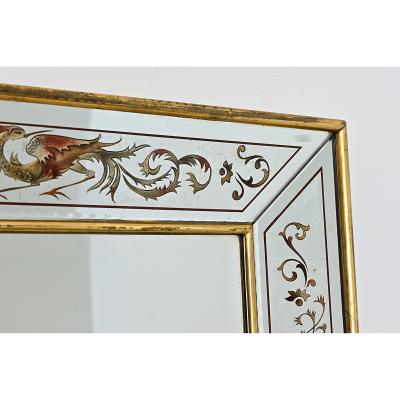 French Vintage Verre glomis Mirror with Phoenix Pattern
