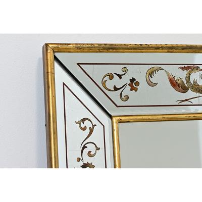 French Vintage Verre glomis Mirror with Phoenix Pattern