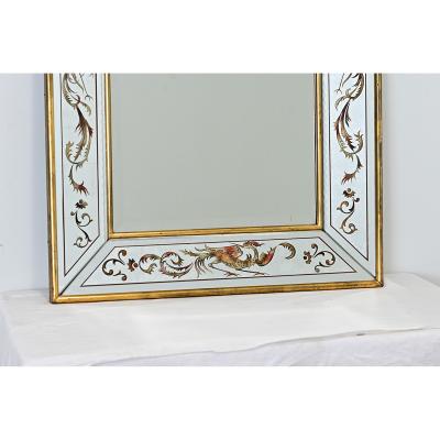 French Vintage Verre glomis Mirror with Phoenix Pattern