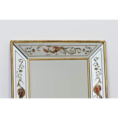 French Vintage Verre glomis Mirror with Phoenix Pattern