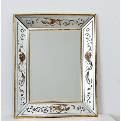 French Vintage Verre glomis Mirror with Phoenix Pattern