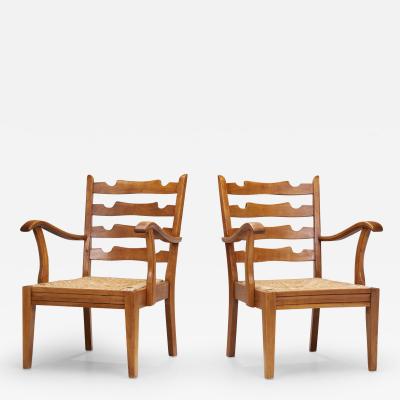 French Wooden Chairs with Seats of Woven Papercord France 1950s