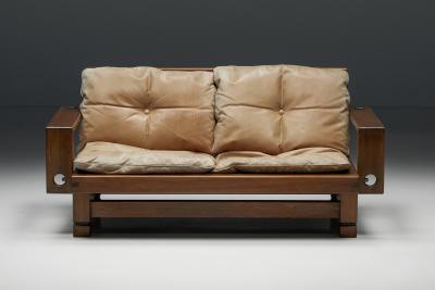 French Wooden Two Seater with Leather Cushions 1960s