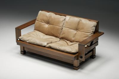 French Wooden Two Seater with Leather Cushions 1960s