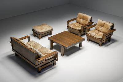 French Wooden Two Seater with Leather Cushions 1960s