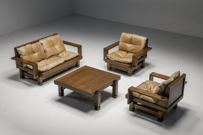 French Wooden Two Seater with Leather Cushions 1960s