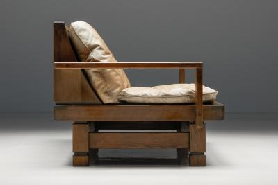 French Wooden Two Seater with Leather Cushions 1960s