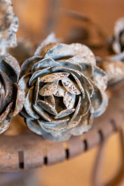 French Wrought Iron 19th Century Rose Basket Ornament with Gray Painted Accents