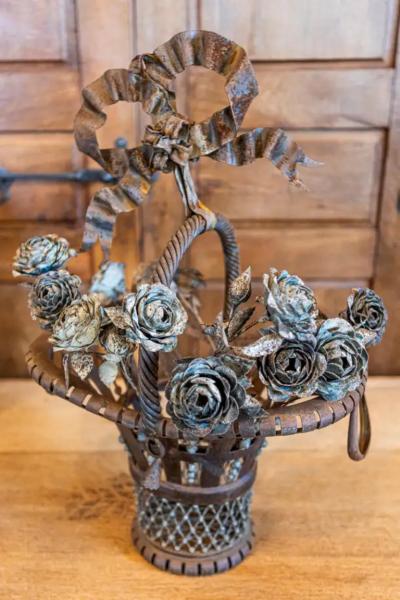 French Wrought Iron 19th Century Rose Basket Ornament with Gray Painted Accents