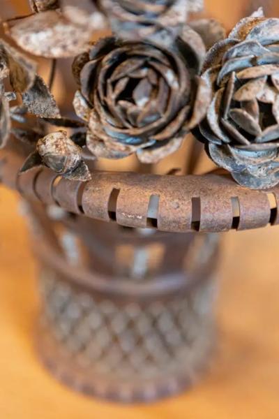 French Wrought Iron 19th Century Rose Basket Ornament with Gray Painted Accents