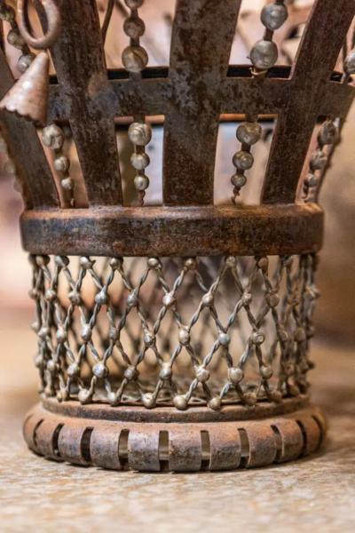 French Wrought Iron 19th Century Rose Basket Ornament with Gray Painted Accents