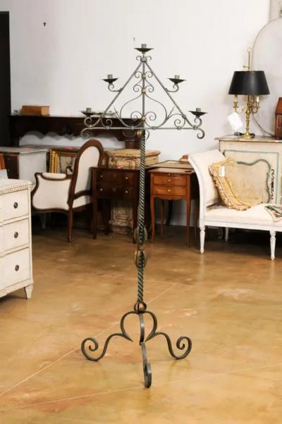 French Wrought Iron Five Light Candelabra with Celadon Lacquer and Gilt Accents