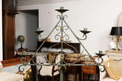 French Wrought Iron Five Light Candelabra with Celadon Lacquer and Gilt Accents