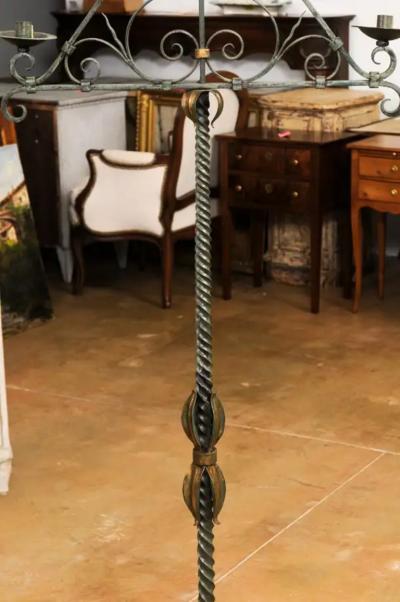 French Wrought Iron Five Light Candelabra with Celadon Lacquer and Gilt Accents