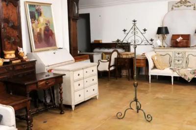 French Wrought Iron Five Light Candelabra with Celadon Lacquer and Gilt Accents