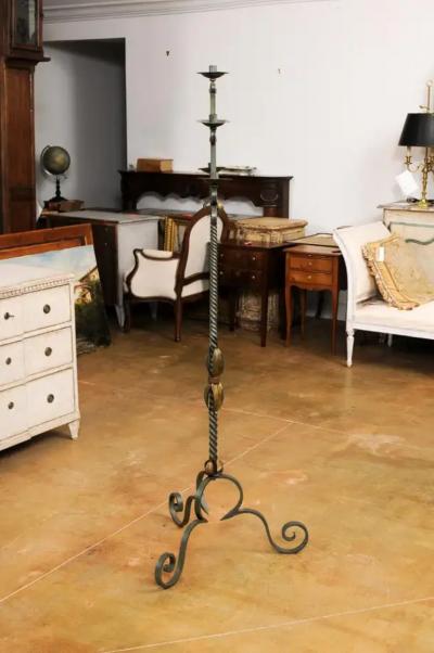 French Wrought Iron Five Light Candelabra with Celadon Lacquer and Gilt Accents