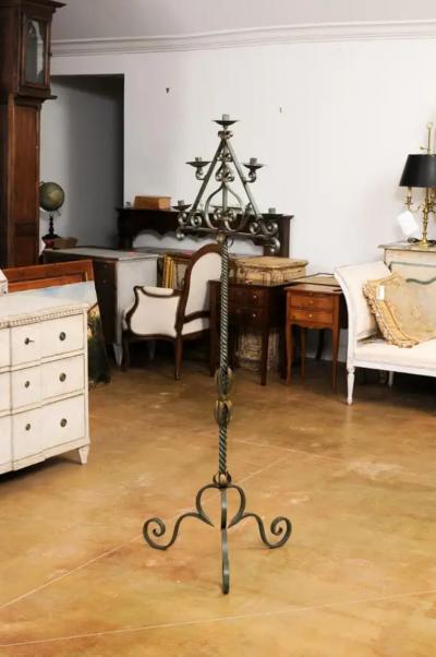French Wrought Iron Five Light Candelabra with Celadon Lacquer and Gilt Accents
