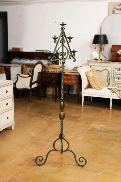 French Wrought Iron Five Light Candelabra with Celadon Lacquer and Gilt Accents