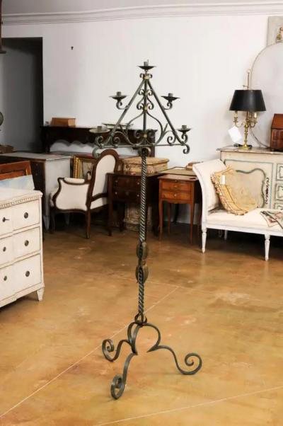 French Wrought Iron Five Light Candelabra with Celadon Lacquer and Gilt Accents