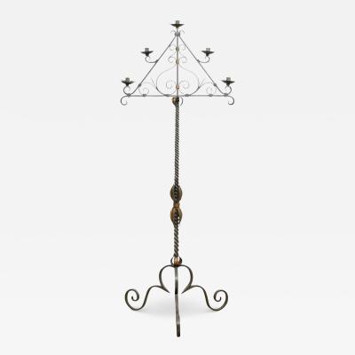 French Wrought Iron Five Light Candelabra with Celadon Lacquer and Gilt Accents