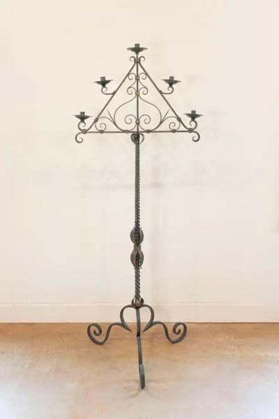 French Wrought Iron Five Light Candelabra with Celadon Lacquer and Gilt Accents