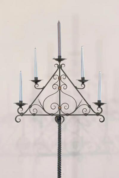 French Wrought Iron Five Light Candelabra with Celadon Lacquer and Gilt Accents